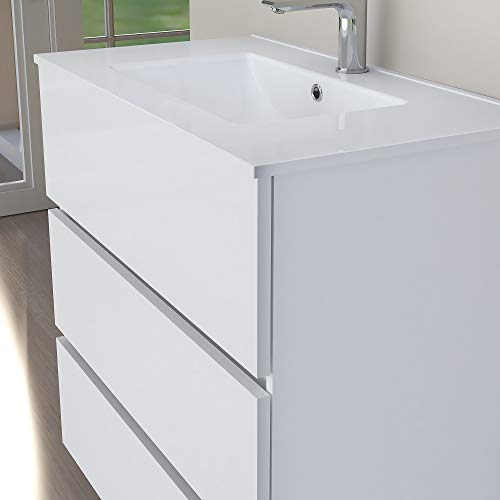 Baikal 830134035 Conjunto de Muebles de Baño con Lavabo y Espejo Luna Lisa, Suspendido a la Pared, Tres Cajones, Melamina 16mm, Acabado en Color Blanco Mate, 90 X 76 X 46 cm