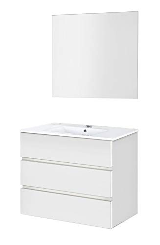 Baikal 830134035 Conjunto de Muebles de Baño con Lavabo y Espejo Luna Lisa, Suspendido a la Pared, Tres Cajones, Melamina 16mm, Acabado en Color Blanco Mate, 90 X 76 X 46 cm