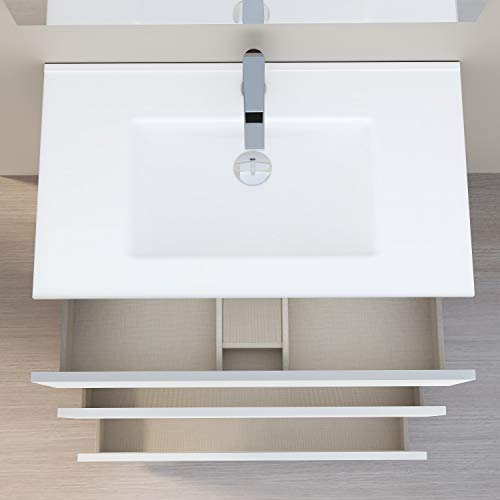 Baikal 830134035 Conjunto de Muebles de Baño con Lavabo y Espejo Luna Lisa, Suspendido a la Pared, Tres Cajones, Melamina 16mm, Acabado en Color Blanco Mate, 90 X 76 X 46 cm