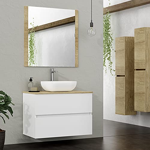 Baikal Conjunto de Mueble de Baño, Familia Duo, 2 cajones, suspendido, con Lavabo cerámico sobre Top, y Espejo con Marco de Madera, Acabado en Blanco Seda, 90 x 55 x 46 cm