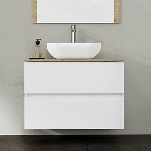 Baikal Conjunto de Mueble de Baño, Familia Duo, 2 cajones, suspendido, con Lavabo cerámico sobre Top, y Espejo con Marco de Madera, Acabado en Blanco Seda, 90 x 55 x 46 cm