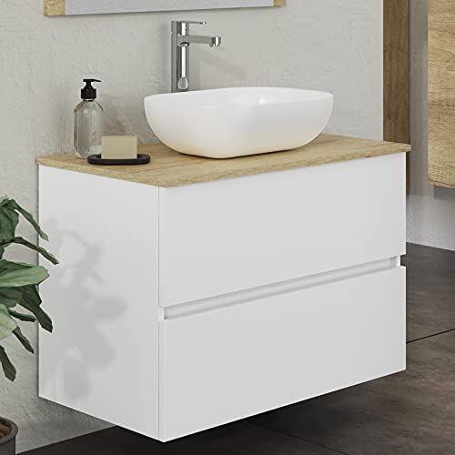 Baikal Conjunto de Mueble de Baño, Familia Duo, 2 cajones, suspendido, con Lavabo cerámico sobre Top, y Espejo con Marco de Madera, Acabado en Blanco Seda, 90 x 55 x 46 cm