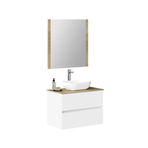 Baikal Conjunto de Mueble de Baño, Familia Duo, 2 cajones, suspendido, con Lavabo cerámico sobre Top, y Espejo con Marco de Madera, Acabado en Blanco Seda, 90 x 55 x 46 cm