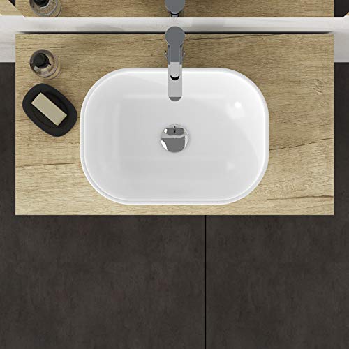 Baikal Conjunto de Mueble de Baño, Familia Duo, 2 cajones, suspendido, con Lavabo cerámico sobre Top, y Espejo con Marco de Madera, Acabado en Blanco Seda, 90 x 55 x 46 cm