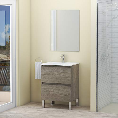 Baikal Conjunto Mueble de Baño con Espejo y Lavamanos Cerámico, de una Puerta y un Cajón, Melamina 16mm, Nebraska, 60 X 46 x 82