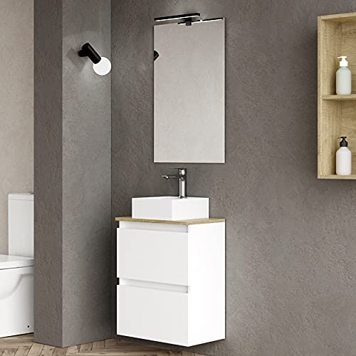 Baikal MAIA 280034332, Conjunto de baño MAIA. Mueble pequeño con Lavabo cerámico y Espejo con Aplique luz LED. Doble Espacio 1 Puerta abatible y 1 Cajón. Acabado Color Blanco Medidas 50 x 60 x 30 cm