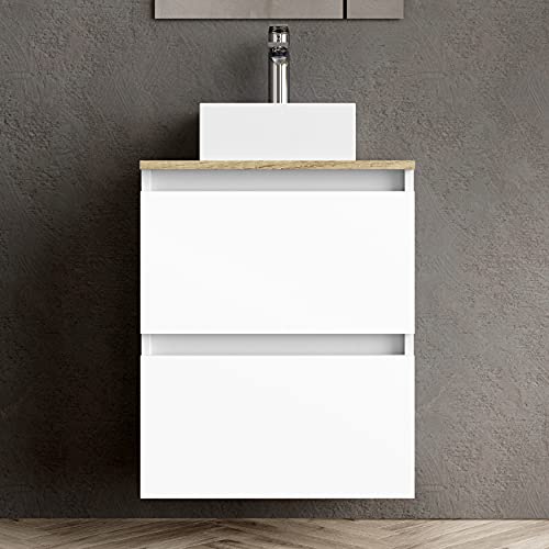 Baikal MAIA 280034332, Conjunto de baño MAIA. Mueble pequeño con Lavabo cerámico y Espejo con Aplique luz LED. Doble Espacio 1 Puerta abatible y 1 Cajón. Acabado Color Blanco Medidas 50 x 60 x 30 cm