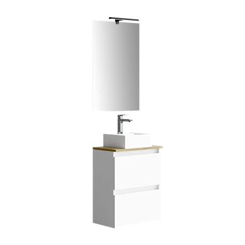 Baikal MAIA 280034332, Conjunto de baño MAIA. Mueble pequeño con Lavabo cerámico y Espejo con Aplique luz LED. Doble Espacio 1 Puerta abatible y 1 Cajón. Acabado Color Blanco Medidas 50 x 60 x 30 cm