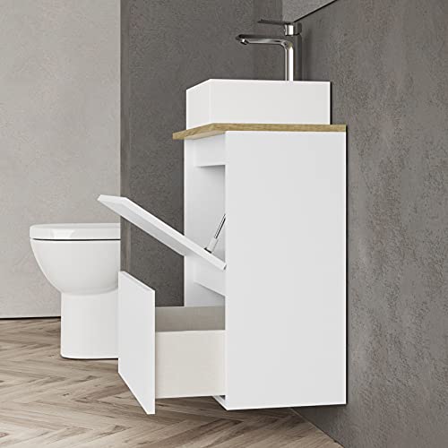 Baikal MAIA 280034332, Conjunto de baño MAIA. Mueble pequeño con Lavabo cerámico y Espejo con Aplique luz LED. Doble Espacio 1 Puerta abatible y 1 Cajón. Acabado Color Blanco Medidas 50 x 60 x 30 cm