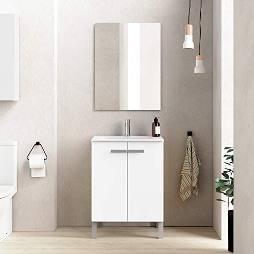 Baikal Neo 280034068 Mueble de Baño con Lavabo y Espejo con Patas, Dos Puertas, Color Blanco Mate, Melamina 16, 60 X 82 X 46 cm