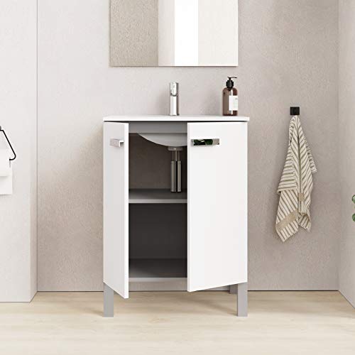 Baikal Neo 280034068 Mueble de Baño con Lavabo y Espejo con Patas, Dos Puertas, Color Blanco Mate, Melamina 16, 60 X 82 X 46 cm