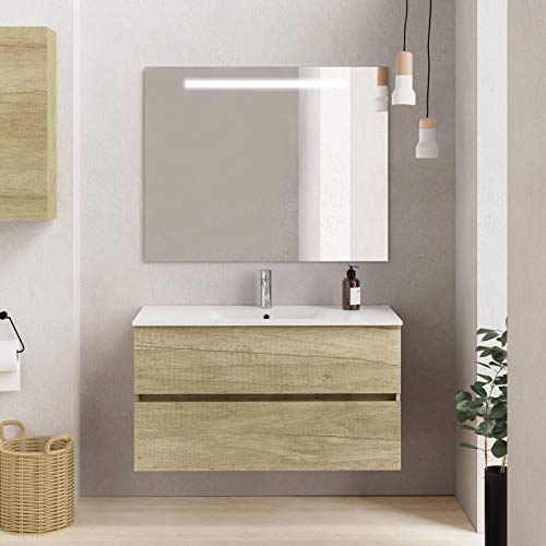 Baikal Onyx 280034121 Mueble de Baño con Lavabo y Espejo con Luces LED, Suspendido a la Pared, Dos Cajones, Melamina 16, Nature, 90 X 55 X 46 cm, 16mm