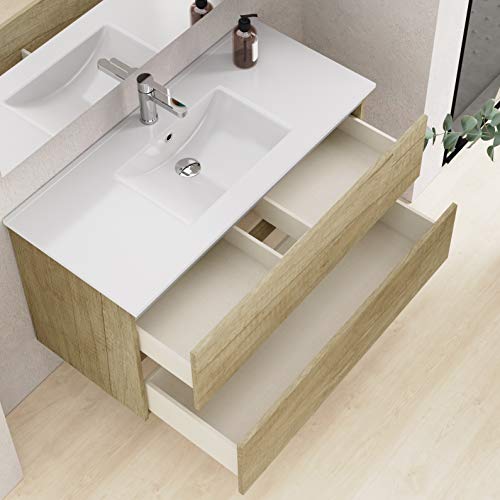 Baikal Onyx 280034121 Mueble de Baño con Lavabo y Espejo con Luces LED, Suspendido a la Pared, Dos Cajones, Melamina 16, Nature, 90 X 55 X 46 cm, 16mm