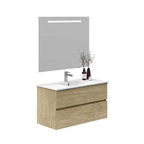 Baikal Onyx 280034121 Mueble de Baño con Lavabo y Espejo con Luces LED, Suspendido a la Pared, Dos Cajones, Melamina 16, Nature, 90 X 55 X 46 cm, 16mm