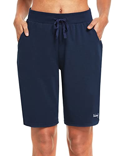 BALEAF Bermudas de algodón para mujer, de 25,4 cm, pantalones cortos largos de algodón, para salón, yoga, caminar, pijama, con bolsillos, Azul marino/flor y brillo, XS