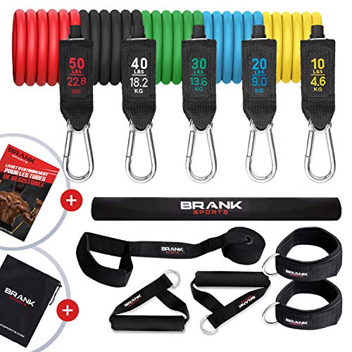 Bandas elasticas musculación con Asas | Gomas elasticas Fitness de 5 a 70kg | Pack de Cintas elasticas para Ejercicio en casa | Mujer y Hombre, E-Book de Entrenamiento Gratuito para descargar