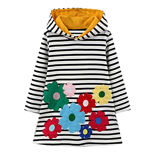 Baogaier Vestidos Niña Sudadera con Capucha Niñas Algodón Vestido Mangas Largas Blanco Negro Raya Flor Aplique Pullover Tops Túnica Suéter Casual Primavera Otoño Invierno Hoodie Ropa para 5-6 años