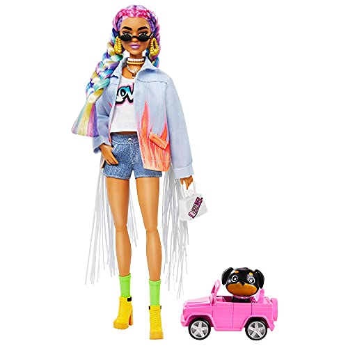 Barbie Extra Muñeca articulada con trenzas de colores, accesorios de moda y mascota (Mattel GRN29)