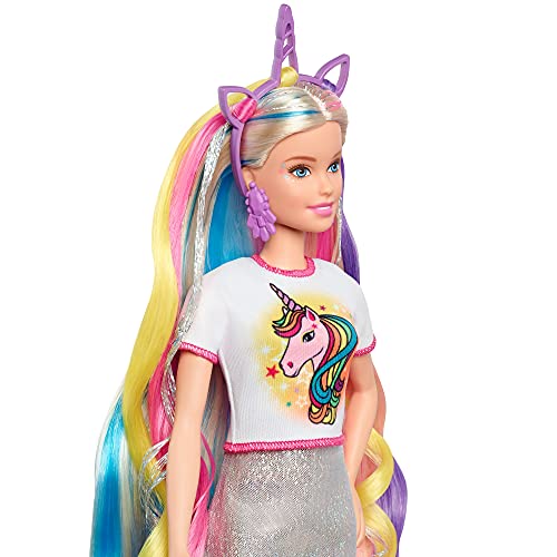 Barbie Pelo Fantasía Muñeca para peinar con accesorios de moda y diademas con mechas de unicornio y sirena (Mattel GHN4)