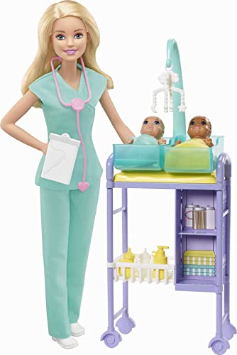 Barbie Quiero Ser pediatra muñeca rubia con dos bebes y accesorios (Mattel GKH23)