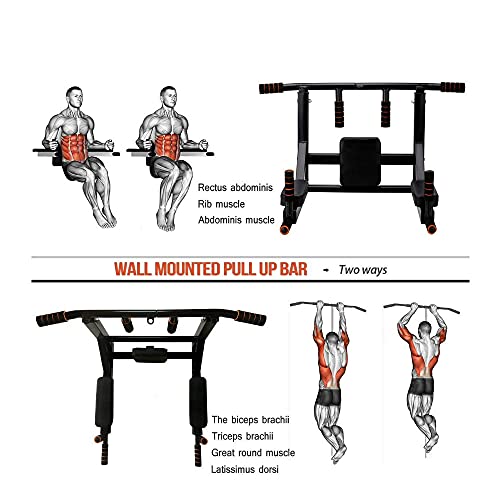 Barra de tracción de pared, silla romana de pared, diips estación para ejercicios domésticos, asas antideslizantes, con ojal para bolsa de boxeo, carga máxima: 300 kg