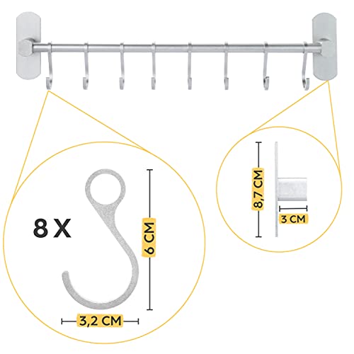 Barra para Utensilios de Cocina con 8 Ganchos - Adhesiva - Instalación sin Taladro - 40 cm