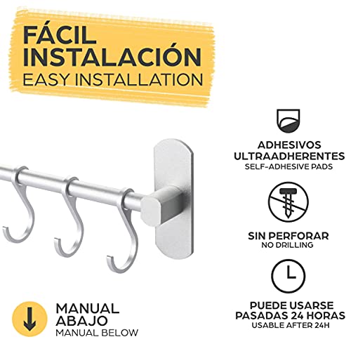 Barra para Utensilios de Cocina con 8 Ganchos - Adhesiva - Instalación sin Taladro - 40 cm