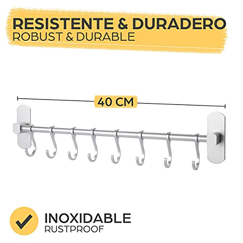 Barra para Utensilios de Cocina con 8 Ganchos - Adhesiva - Instalación sin Taladro - 40 cm