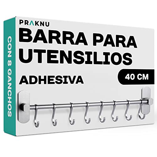 Barra para Utensilios de Cocina con 8 Ganchos - Adhesiva - Instalación sin Taladro - 40 cm