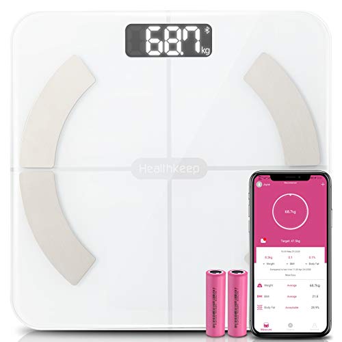 Báscula Grasa Corporal Báscula de Baño Báscula Digital Analizar Más de 13 Funciones, Monitores de Composición Corporal con App para Peso Corporal, Grasa, Agua, IMC, BMR, Masa Muscular (Blanco)