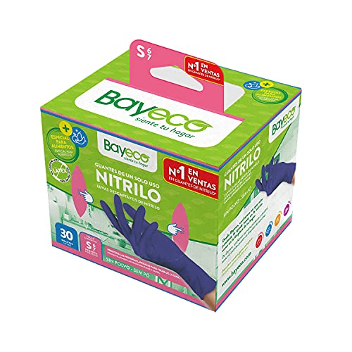 Bayeco - Guantes un solo uso - Nitrilo - Color Azul Claro - Ambidiestros - Dedos texturizados para mejor agarre - Aptos para alérgicos al látex - Pack dispensador de 30 unidades - Talla S