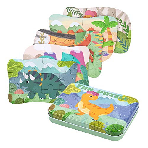 BBLIKE Puzzle Infantil de Dinosaurios para niños, puzle de 5 imágenes, puzle de Madera, Adecuado para niños y niñas a Partir de 3, 4 y 5 años (Rompecabezas de Dinosaurios)