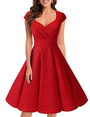 Bbonlinedress Vestido Corto Mujer Retro Años 50 Vintage Escote En Pico Red Small Black Dot 3XL