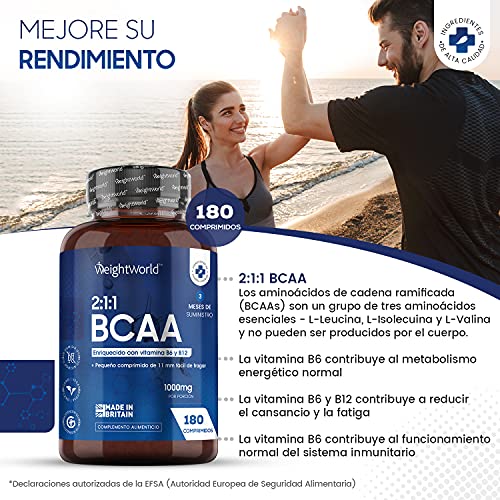 BCAA 1000mg de Alta Resistencia 180 Comprimidos Veganos - Aminoácidos Ramificados BCAA Leucina, Isoleucina y Valina, Enriquecido con Vitamina B6 y Vitamina B12, Suplemento Deportivo Pre Entrenamiento