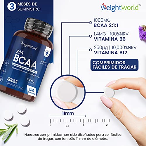 BCAA 1000mg de Alta Resistencia 180 Comprimidos Veganos - Aminoácidos Ramificados BCAA Leucina, Isoleucina y Valina, Enriquecido con Vitamina B6 y Vitamina B12, Suplemento Deportivo Pre Entrenamiento