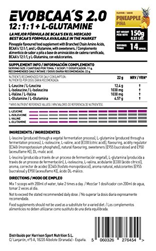 BCAA 12:1:1 con Glutamina de HSN Evobcaa's 2.0 | Sabor Piña 150 gr = 14 Tomas por Envase de Aminoácidos Ramificados (Leucina + Valina + Isoleucina) | No-GMO, Vegano, Sin Gluten