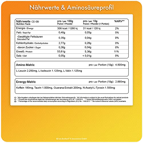 BCAA Energy Amino - 500g de aminoácidos de cadena ramificada veganos y sin azúcar con cafeína, taurina, guaraná y N-acetil-L-tirosina en un delicioso sabor a té helado de melocotón.