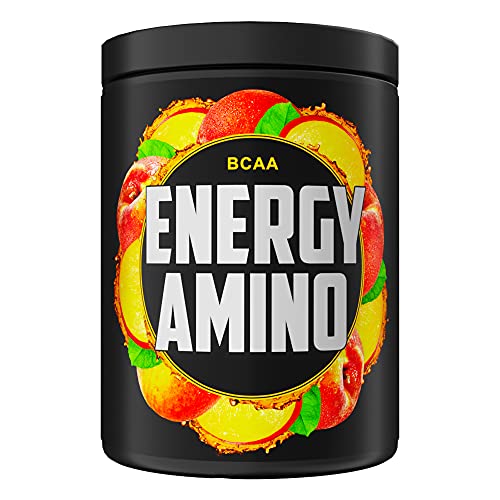 BCAA Energy Amino - 500g de aminoácidos de cadena ramificada veganos y sin azúcar con cafeína, taurina, guaraná y N-acetil-L-tirosina en un delicioso sabor a té helado de melocotón.