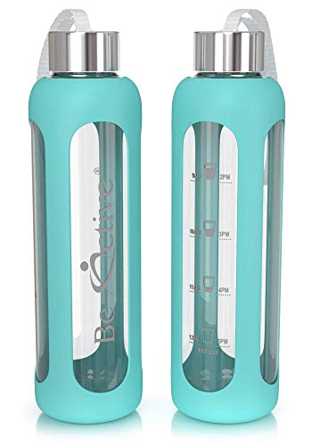 Be-Active Botella de Agua Motivacional de Vidrio de 1 litro con Tiempos de Bebida Hidratado BPA Libre 1l (550ml, verde)