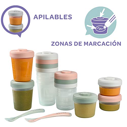 BÉABA Lote de 12 Tarros de Conservación y 2 Cucharas de aprendizaje en Silicona, Botes Encajables, 100% Herméticos, Congelación, Leche Materna, 2 x 90 ml + 4 x 150 ml + 6 x 250 ml, Verde (Eucalyptus)