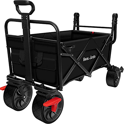 BEAU JARDIN Carretillas de Carro Plegable con Freno con Carro Plegable de Mano Carro Transporte para jardín Carro para Playa Carga hasta 80kg Negro