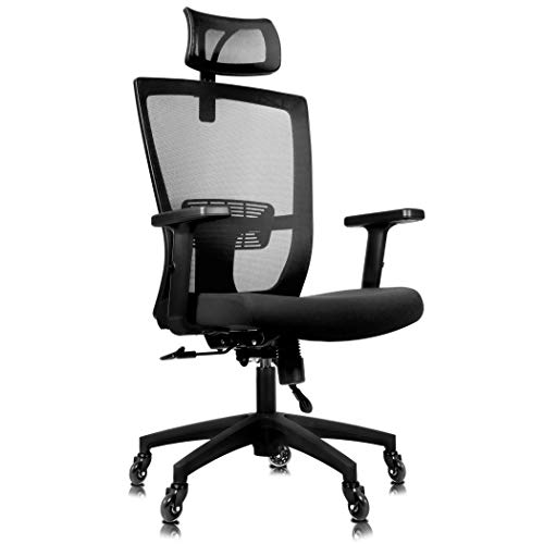 Becko Silla de oficina ergonómica ajustable con ruedas de rodillo para el hogar y la oficina, con respaldo de malla transpirable, cojín grueso cómodo, soporte lumbar y reposacabezas retráctil (negro)