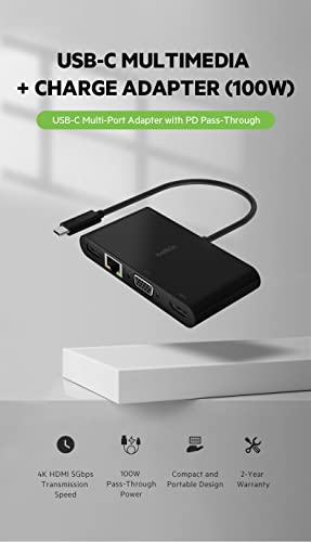 Belkin AVC004btBK - Adaptador Multimedia USB-C (hub USB-C con Puertos VGA, 4K, HDMI, USB 3.0 y Ethernet, Carga Pass-Through de 100 W para MacBook Pro, iPad Pro, Surface Pro, Chromebook y Otros)