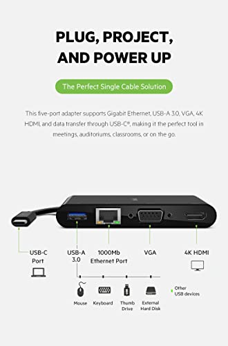 Belkin AVC004btBK - Adaptador Multimedia USB-C (hub USB-C con Puertos VGA, 4K, HDMI, USB 3.0 y Ethernet, Carga Pass-Through de 100 W para MacBook Pro, iPad Pro, Surface Pro, Chromebook y Otros)