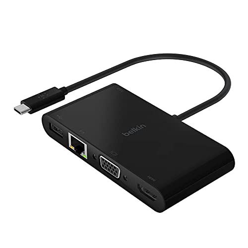 Belkin AVC004btBK - Adaptador Multimedia USB-C (hub USB-C con Puertos VGA, 4K, HDMI, USB 3.0 y Ethernet, Carga Pass-Through de 100 W para MacBook Pro, iPad Pro, Surface Pro, Chromebook y Otros)