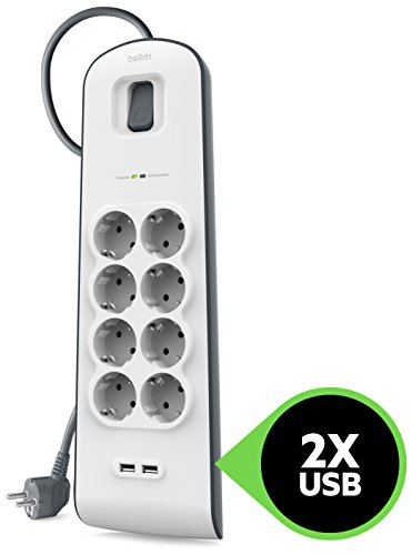 Belkin BSV804 SurgeStrip - Tira de protección contra sobretensiones de 8 vías con conexiones USB (2.4 A) blanco