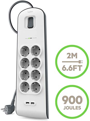 Belkin BSV804 SurgeStrip - Tira de protección contra sobretensiones de 8 vías con conexiones USB (2.4 A) blanco