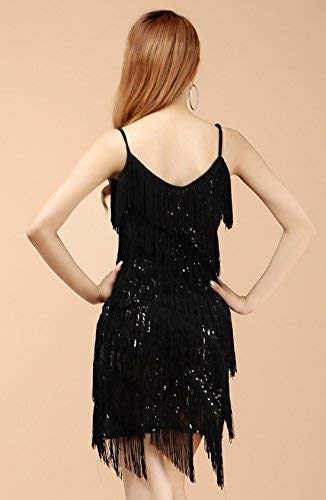 BellyQueen Vestido Salsa Mujer para Baile Latino Clásica Tango con Lentejuelas y Flecos - Talla Única - Negro