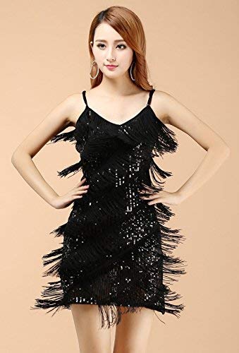 BellyQueen Vestido Salsa Mujer para Baile Latino Clásica Tango con Lentejuelas y Flecos - Talla Única - Negro