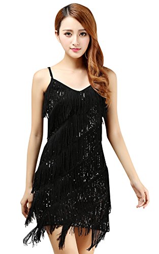 BellyQueen Vestido Salsa Mujer para Baile Latino Clásica Tango con Lentejuelas y Flecos - Talla Única - Negro